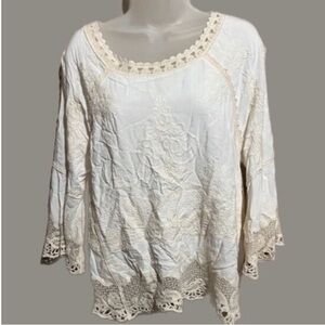 Democracy Women’s White Embroidered Lace Boho Top Cottage Core Bell Sleeves m